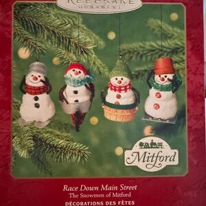Hallmark Keepsake Mitford Snowmen Ornaments in Red, Green, and White